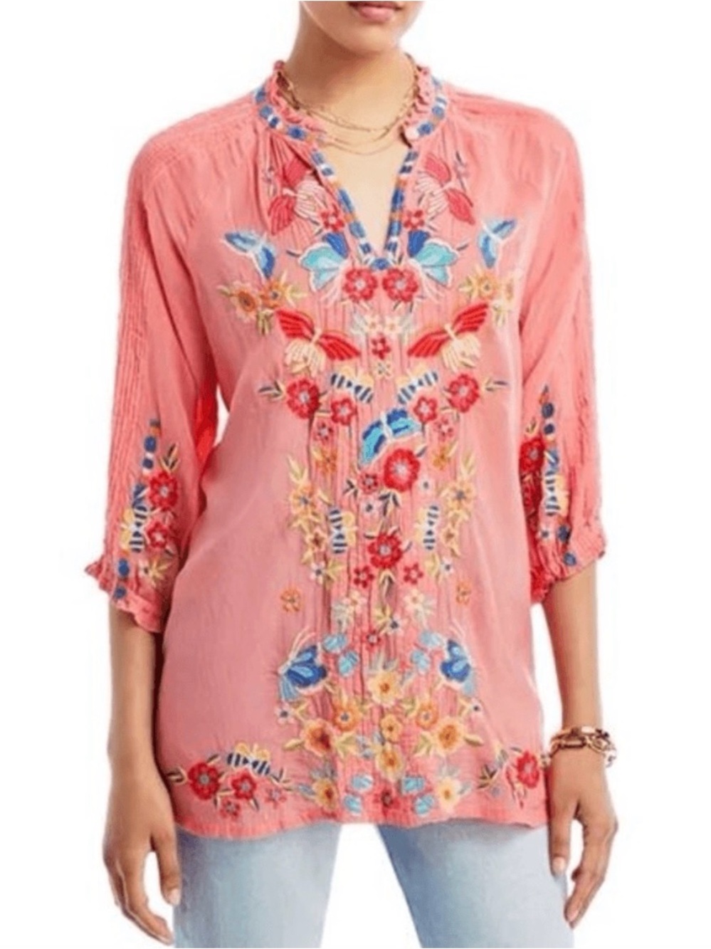 Johnny Was Leona tunic Embroidered Pink Floral Peasant Top - Women